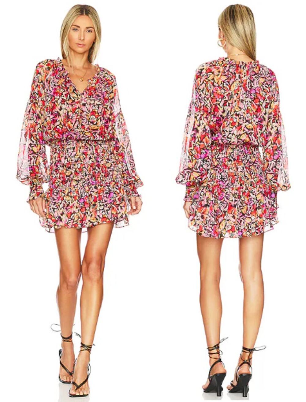 MISA Los Angeles Celina V-Neck Smocked Waist Mini Dress Fire Flora Women's XS